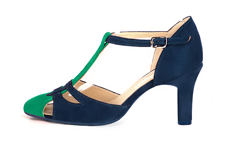 Emerald green and navy blue women's T-strap open side shoes. Round toe. High kitten heels. Profile view - Florence KOOIJMAN